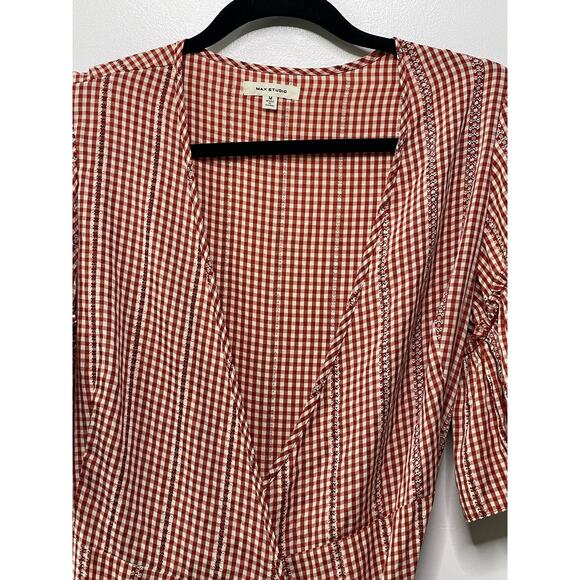 Max Studio Gingham Check Ruffle V Neck Knee Length Wrap Dress Red Women's Medium - Picture 5 of 10